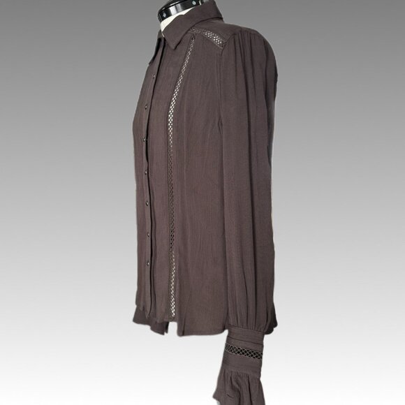 NWT CRUEL DENIM Crinkle Gauze Snap Shirt Crochet Western Prairie Romance Brown S - Picture 4 of 13